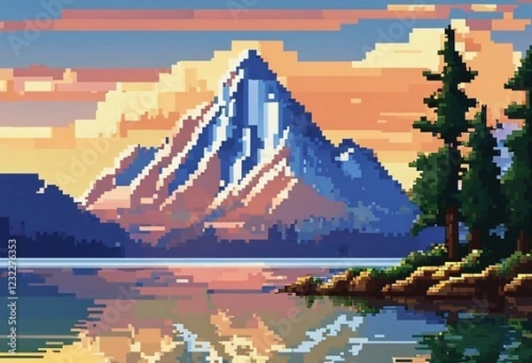 Obraz Pixel art mountain landscape at sunset.