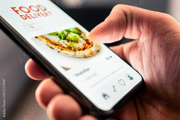 Fototapeta Food and pizza delivery with phone from restaurant. Online app order. Take away menu on website. Quick takeout service. Deliver home fast. Smartphone application in screen.