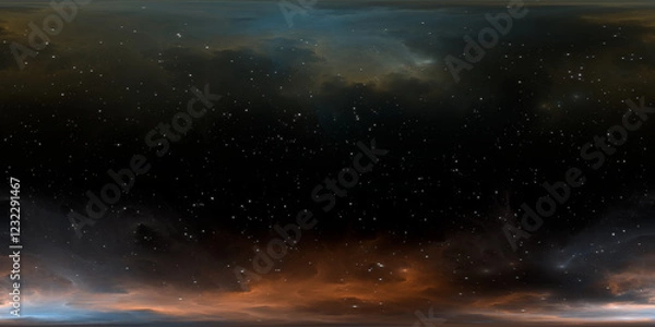 Fototapeta 360 degree space nebula. Giant interstellar cloud with stars, equirectangular projection, environment map. Spherical panorama