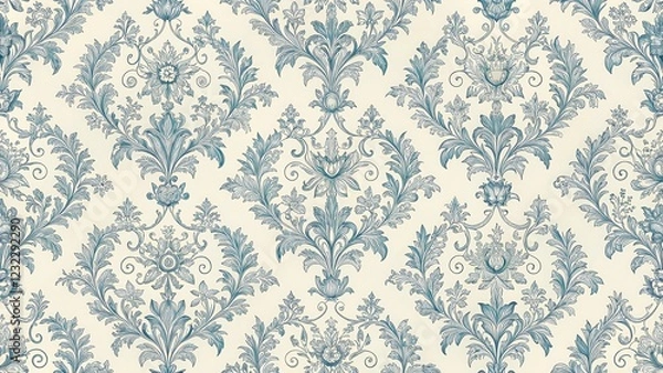 Fototapeta French Toile Inspired Blue Pattern on Light Beige Background Seamless, soft blue hues, elegant decor