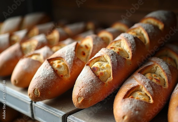 Obraz Close up of tray of freshly baked bread in a bakery. Artisan crusty baguette