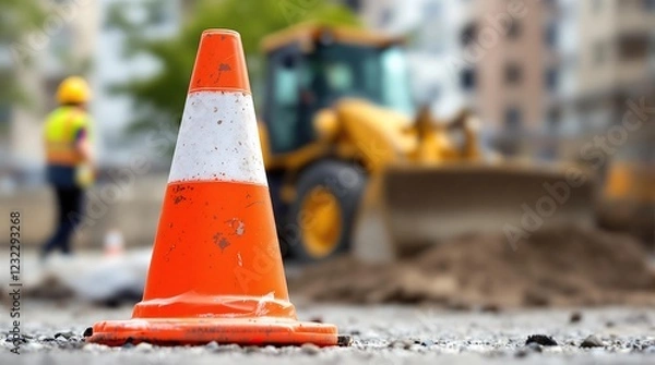 Fototapeta Close-Up of Construction Cones on Road with Blurred Background of Workers Paving