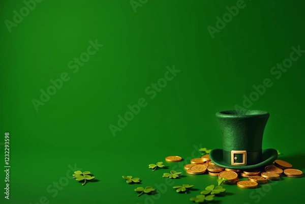 Obraz Leprechaun Hat and Gold Coins on Green Background with Shamrocks