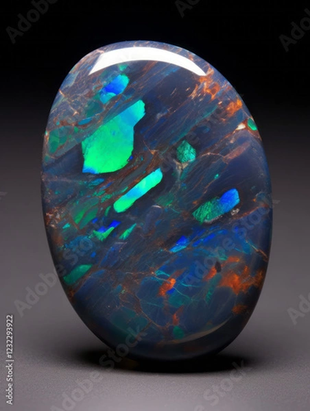Obraz Natural Australian precious black matrix opal. Multi color flashes cabochon polished gemstone setting for jewelry making