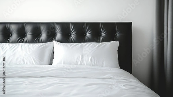 Fototapeta Modern Bed with Plush Headboard and Soft Pillows