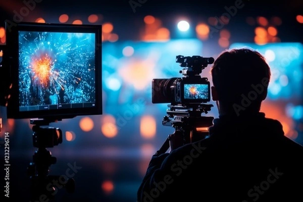 Fototapeta A photographer capturing a moment in a studio, surrounded by lights, cameras, and backdrops