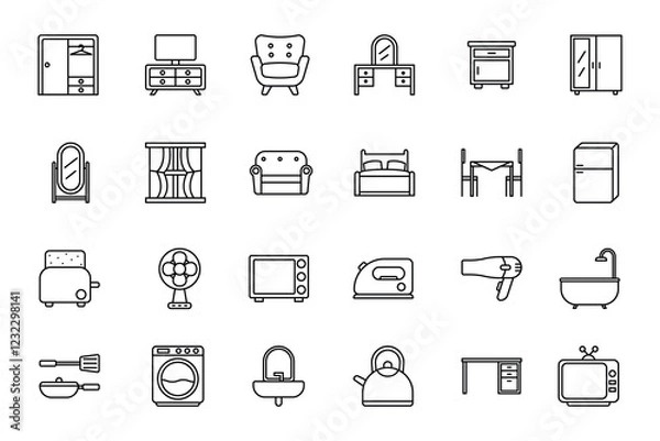 Fototapeta Home Furniture and Appliance Line Icons Elements Set