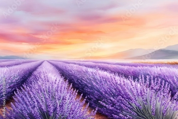 Fototapeta A soft watercolor painting of a field of lavender in full bloom, stretching into the horizon with vibrant purple tones blending into a golden sunset