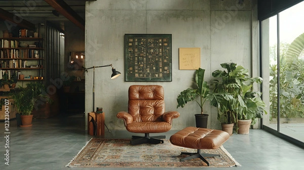 Fototapeta Leather armchair & ottoman in modern living room
