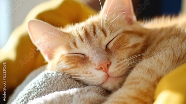 Obraz Cozy cat nestled in a warm blanket under morning light