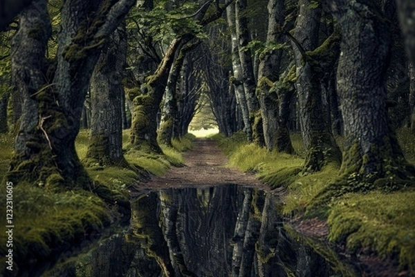 Fototapeta Mossy trees creating a mystical tunnel in a dark forest with path reflecting in puddle