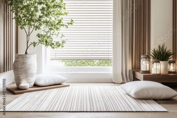 Fototapeta Cozy living space with natural elements and soft textiles in a modern setting