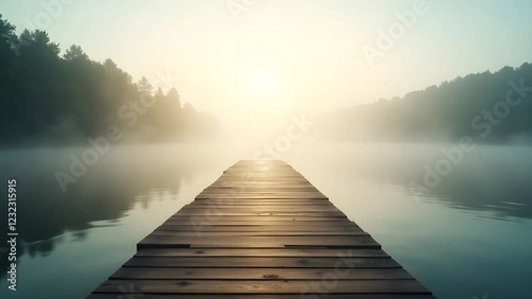 Fototapeta An empty dock leading into a foggy, still lake with soft shadows