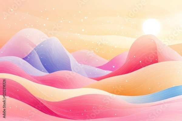 Fototapeta Colorful abstract landscape with soft hills and a warm sunrise in pastel hues