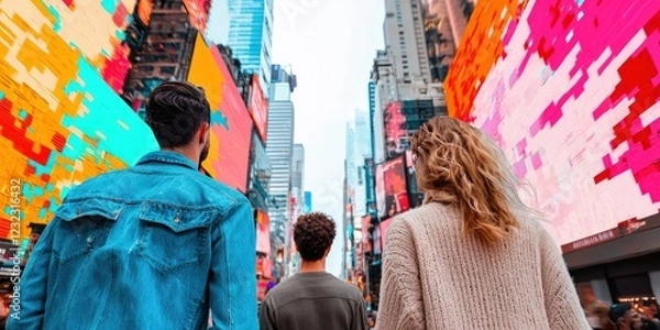 Fototapeta Group of Friends Walking Through Vibrant Times Square with Colorful Digital Advertisements