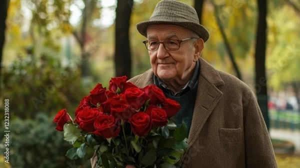 Obraz Elderly man in coat and hat with bouquet of red roses in autumn park