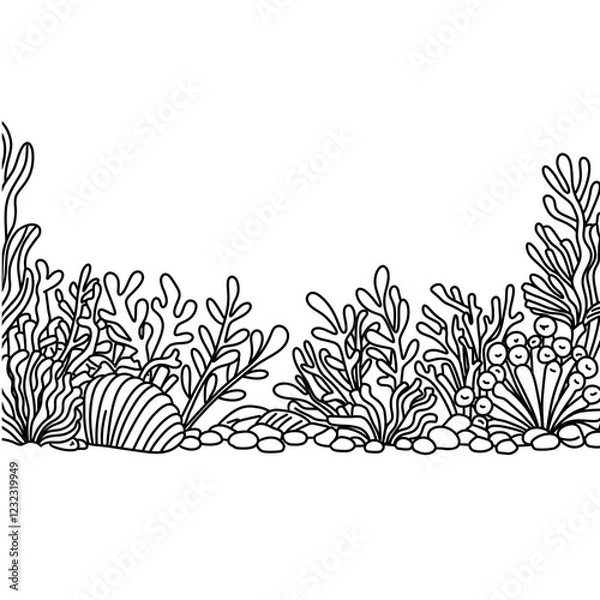Fototapeta abstract background. Coloring book page for adult. Underwater seabed with algae and corals, line art design and fish.