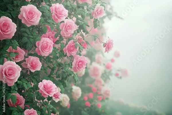 Fototapeta A lush pink roses wall with intricate layering and depth, presenting a rich tapestry of petals and leaves against a soft-focus backdrop for a realistic and immersive look.