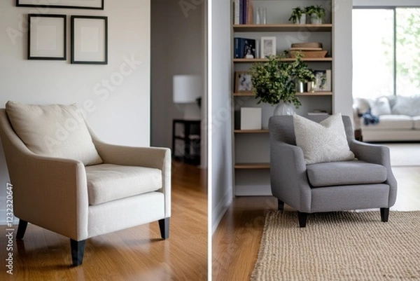 Fototapeta This image depicts two elegant chairs inviting comfortable seating in a warm, light environment, symbolizing tranquility and modern elegance in home design.