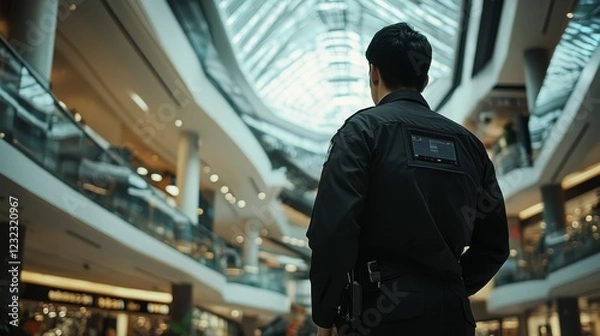 Fototapeta Security guard surveys large multi-level shopping center.