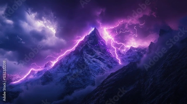Obraz Purple lightning striking a snow-capped mountain peak during a dramatic storm.