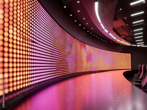 Fototapeta Modern Interior Workspace Featuring a Curved Vibrant LED Screen Installation