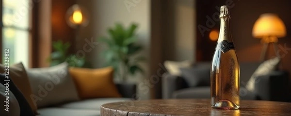 Obraz Elegant champagne bottle standing alone on a decorative table, elegant setup, fine dining, party decoration