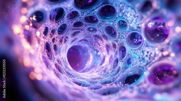 Fototapeta Glowing Purple Blue Abstract Tunnel 3D Render Futuristic Science Fiction Energy Macro Bubbles