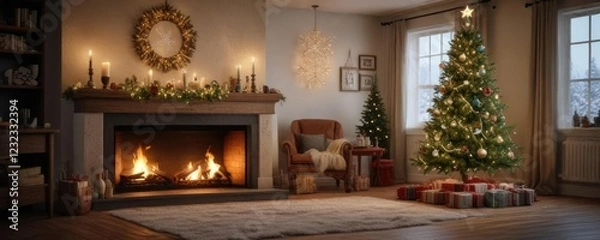 Fototapeta Cozy living room featuring a fireplaced Christmas tree adorned with snowflakes and ornaments , warm glow, comfortable seating, peaceful ambiance