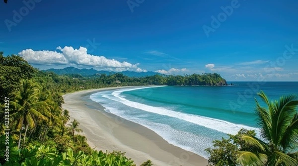 Fototapeta A breathtaking tropical beach with turquoise water, soft white sand, and lush palms under a vivid, cloudless blue sky