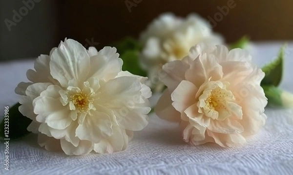 Fototapeta Peach-colored camellia blossoms on white textured surface, soft background, ideal for beauty or nature themes