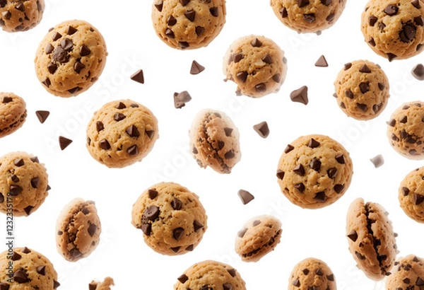 Fototapeta Falling chocolate chip cookies isolated on transparent or white background