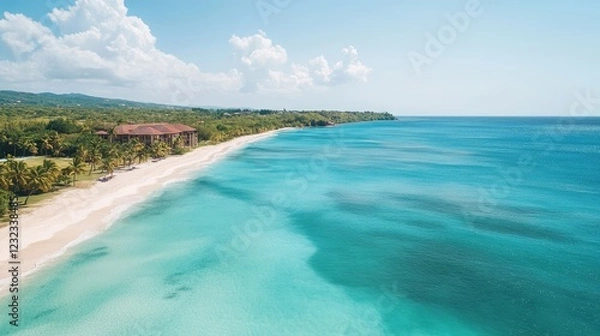 Fototapeta Idyllic tropical coastline with turquoise waters, white sand beaches, and palm trees under a warm, clear sky