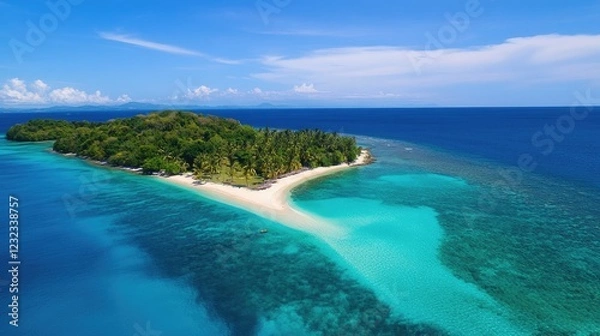 Fototapeta Idyllic tropical island with turquoise ocean, white sand shoreline, and lush palm trees swaying under bright, clear skies
