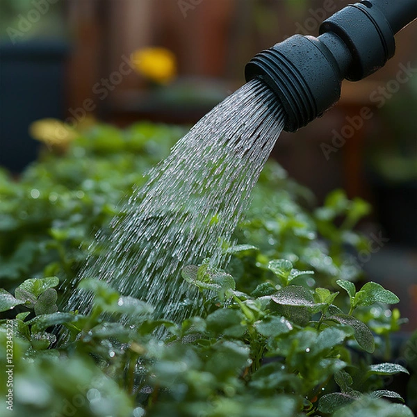 Fototapeta Close-up of a garden hose watering lush green plants in a vibrant garden setting