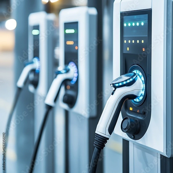 Obraz peak energy electricity load Electric vehicle charging stations with connectors ready for use in a modern urban setting.
