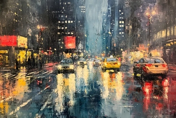 Fototapeta A rainy street scene showing the reflection of city lights and car headlights in the water, blurring the lines between reality and surrealism. 