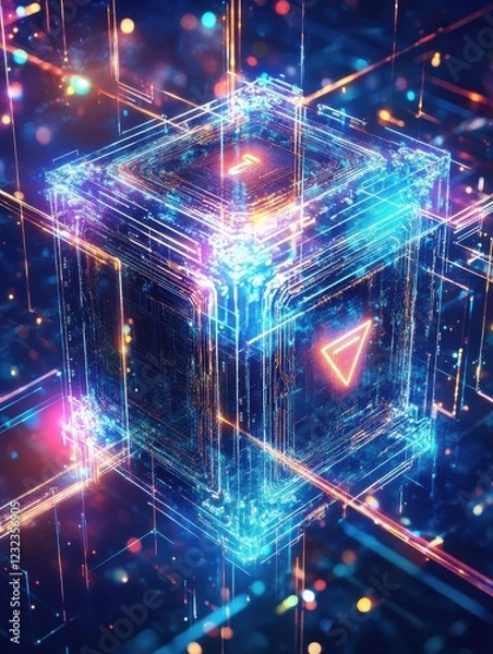 Fototapeta digital blockchain interface with cyber protection button and circuits concept at abstract technology background. 3D render