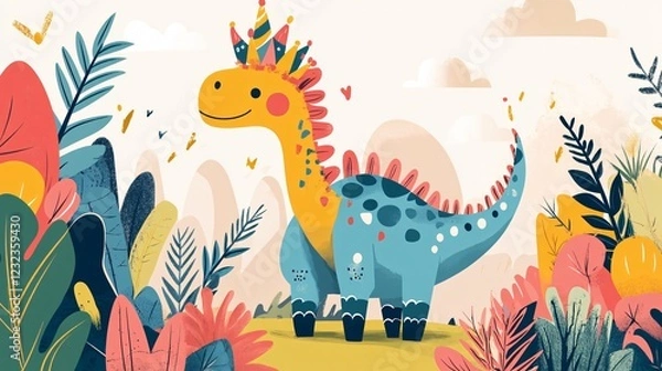 Fototapeta Cute Dinosaur Birthday Party Vector Illustration for Adobe Stock