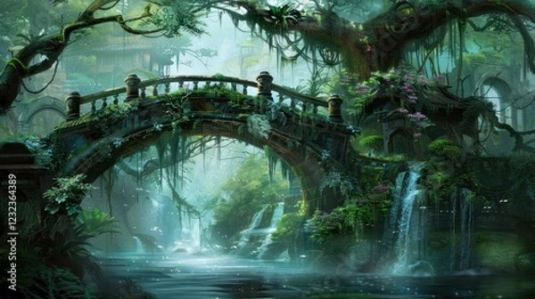 Obraz Enchanted Jungle Bridge: A Mystical Waterfall Oasis