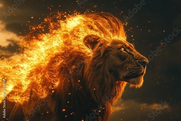 Fototapeta A close-up of a majestic lion with a mane made entirely of flames standing against a dark, stormy sky