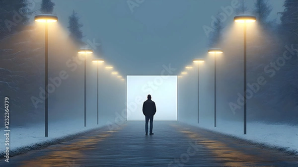 Obraz Solitary Figure Stands Before a Glowing Rectangle in a Misty, Lamp-Lit Snowy Landscape