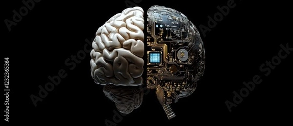 Fototapeta Half digital brain merging with biological brain, illustrating artificial intelligence and human mind
