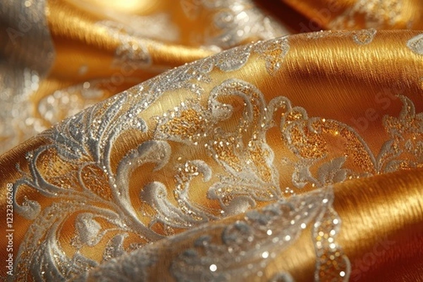 Fototapeta A close-up of a rich brocade fabric with intricate gold and silver thread work, illuminated by soft lighting