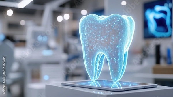 Fototapeta A 3D digital rendering of a tooth on a tablet in a dentist's office.