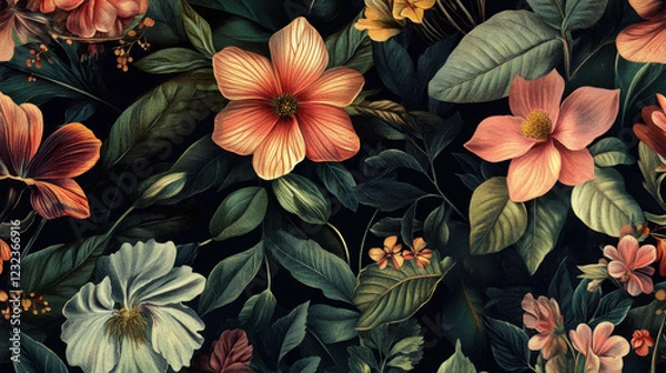 Fototapeta Vibrant floral pattern, dark background.