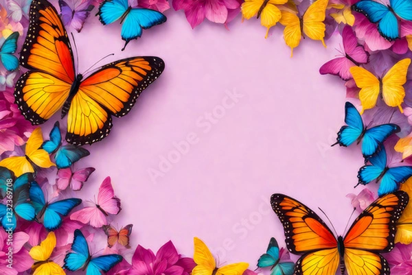 Fototapeta Colorful butterflies as a watercolor background with an empty space for text.