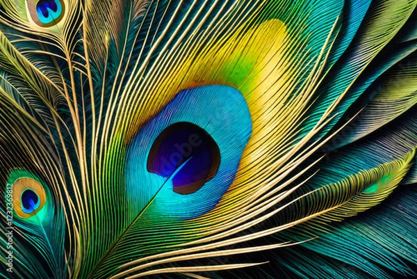 Fototapeta Texture of a peacock feather from the tail of an exotic bird. The background is a close-up of a multicolored iridescent eye of a feather animal.