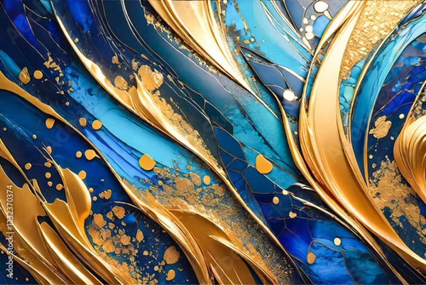 Fototapeta Texture of the black background with golden splashes of liquid paint. Abstract bright wave design for business, interiors, greeting cards for holidays, decor.