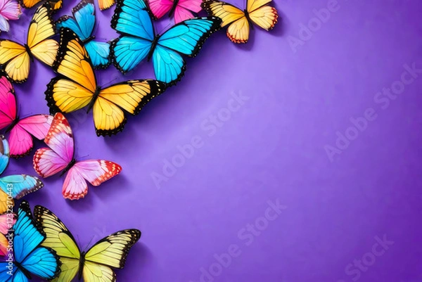 Fototapeta Colorful butterflies as a watercolor background with an empty space for text.